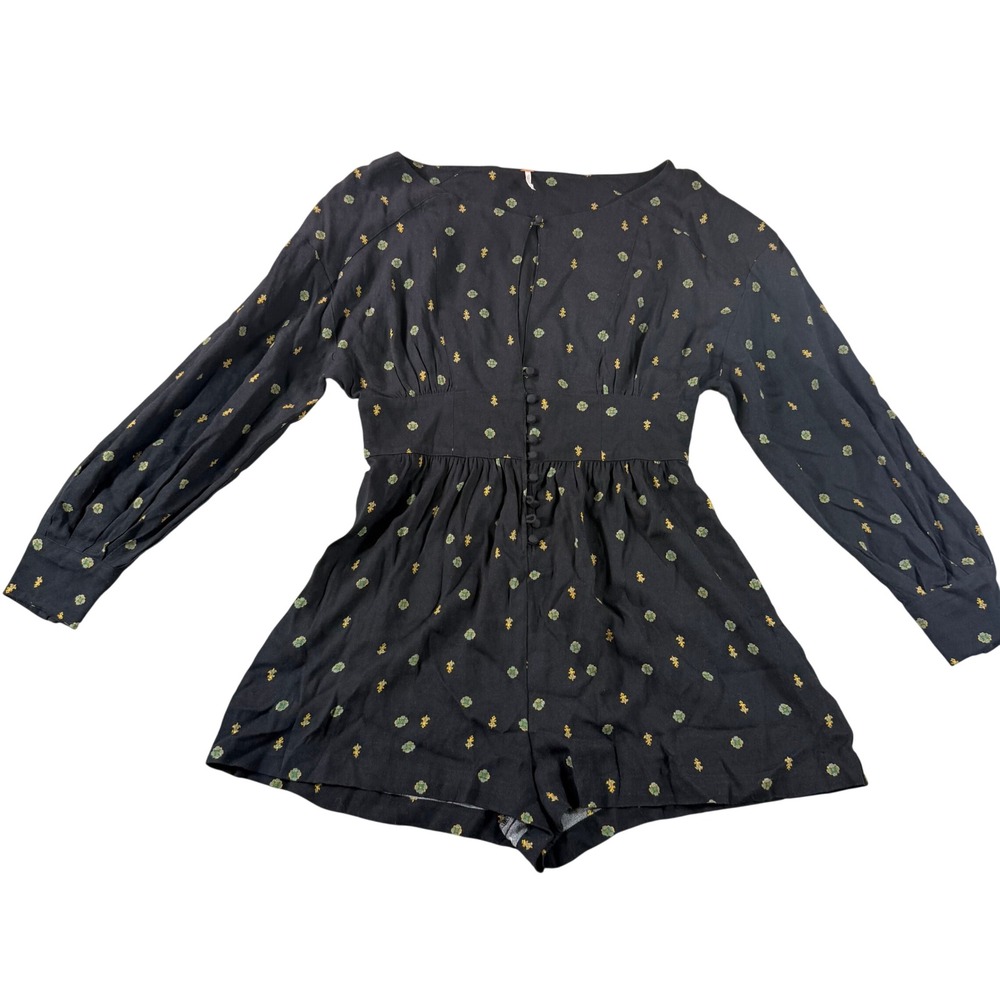 Free People Black Floral Long Sleeve Button Front Romper boho summer retro M
